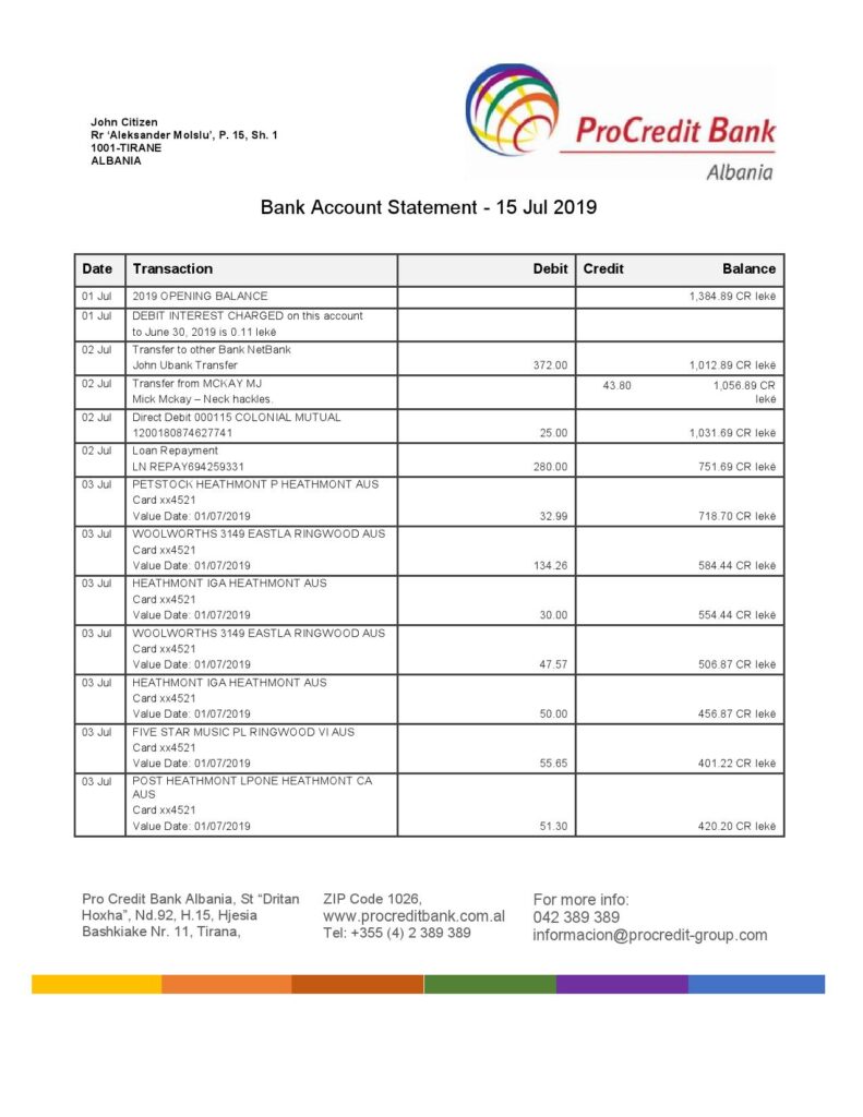 Albania ProCreditBank proof of address bank statement Word and PDF template, .doc and .pdf format
