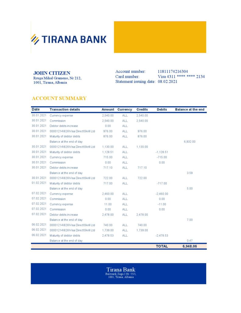 Albania Tirana bank statement template in Excel and PDF format