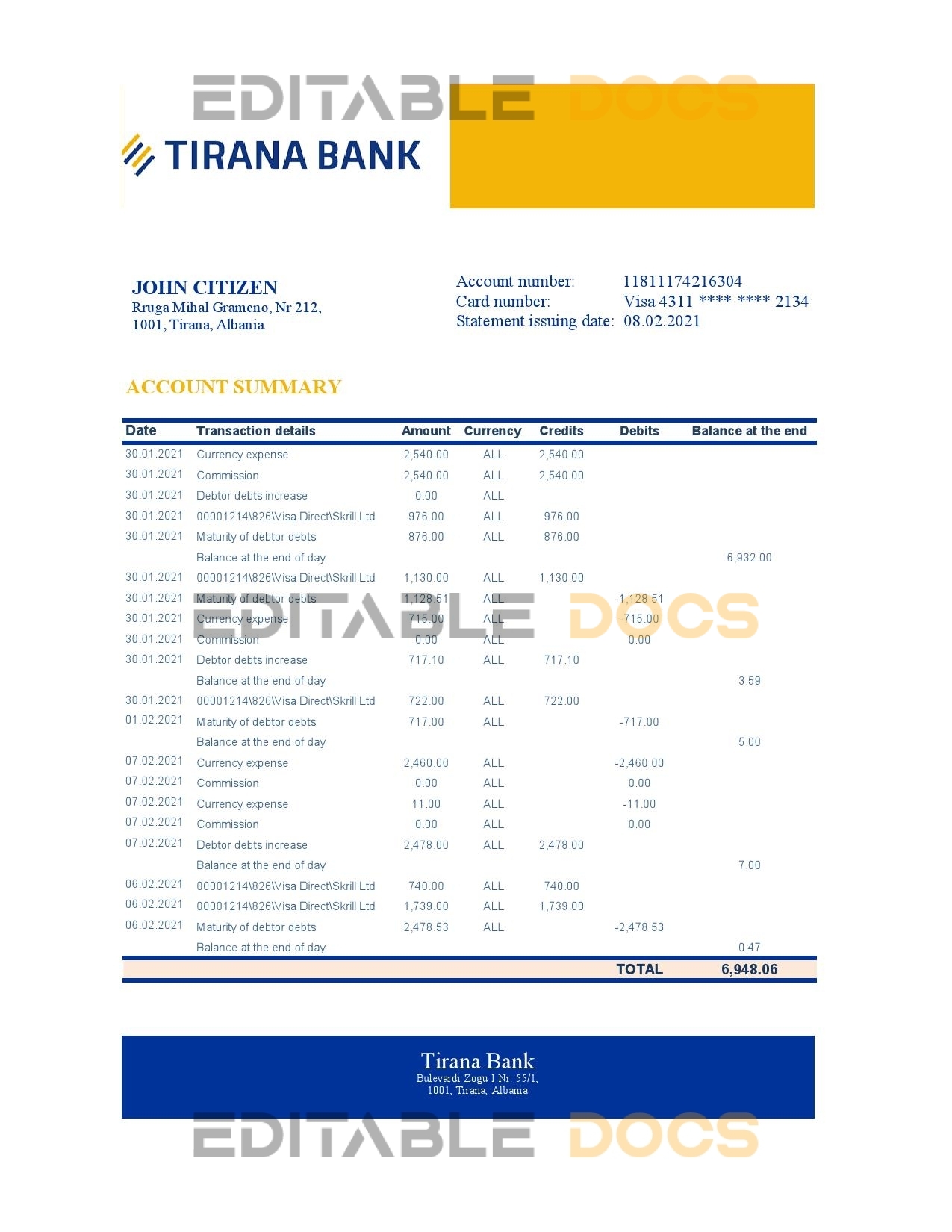 Albania Tirana bank statement template in Excel and PDF format