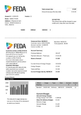 Andorra ELECTRIC FORCES OF ANDORRA utility bill template in Word and PDF format