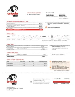 Angola LNG proof of address utility bill template in Word and PDF format