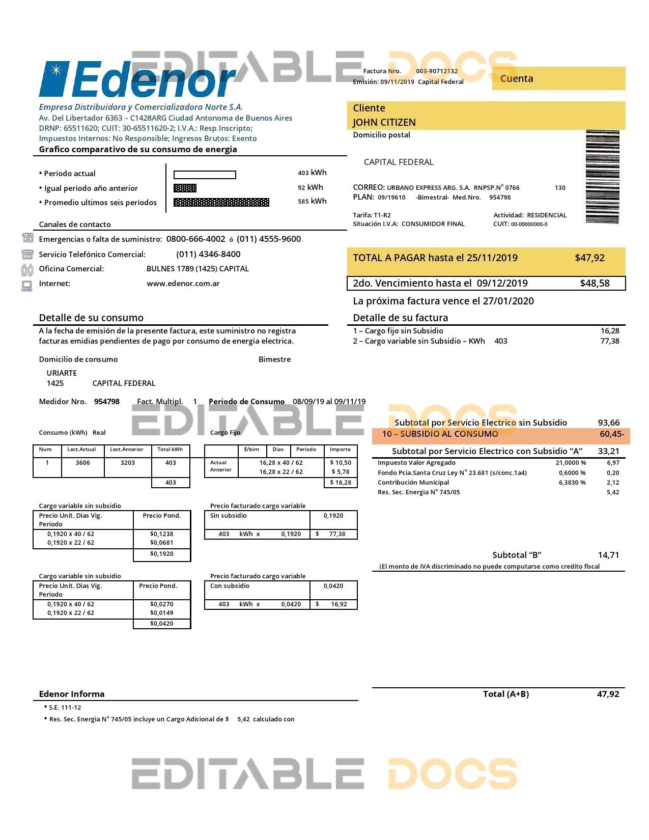 Argentina Edenor easy to fill utility bill template in Word (.doc) and PDF (.pdf) format