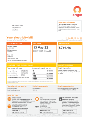 Australia Origin utility bill, Word and PDF template, 4 pages