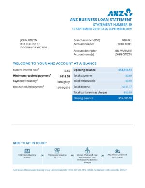 Australia ANZ proof of address bank statement template in .doc and .pdf format, fully editable