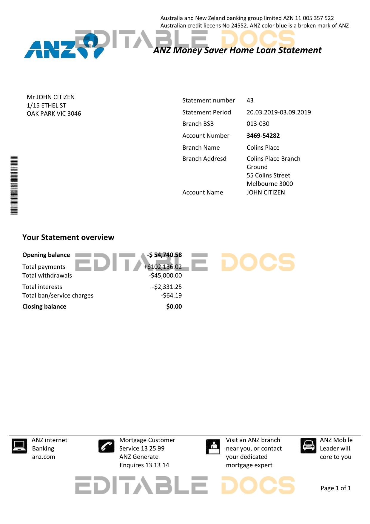 Australia ANZ proof of address bank statement template in Word and PDF format