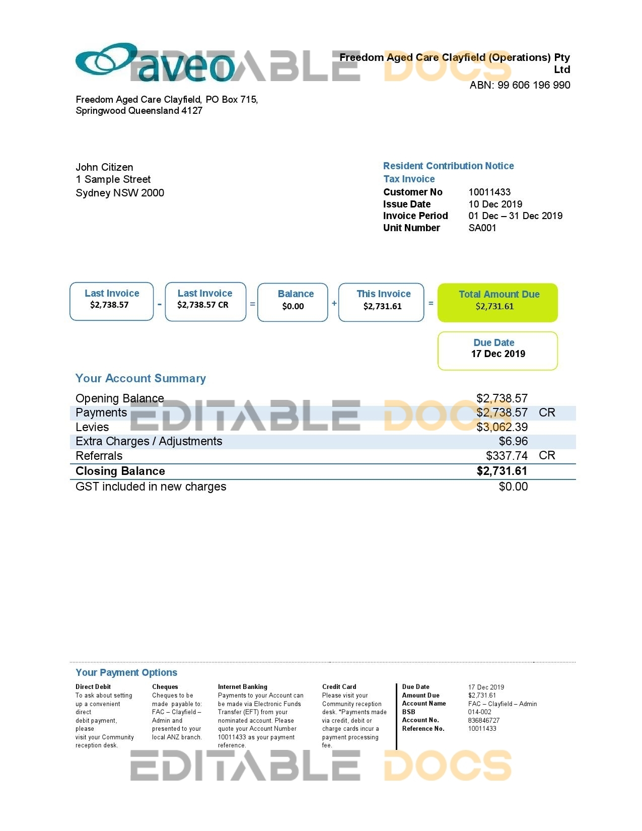 Australia Aveo bank statement template in Word and PDF format