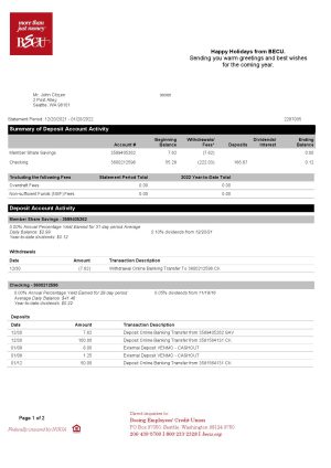 Australia BECU bank statement Word and PDF template 2 pages 1