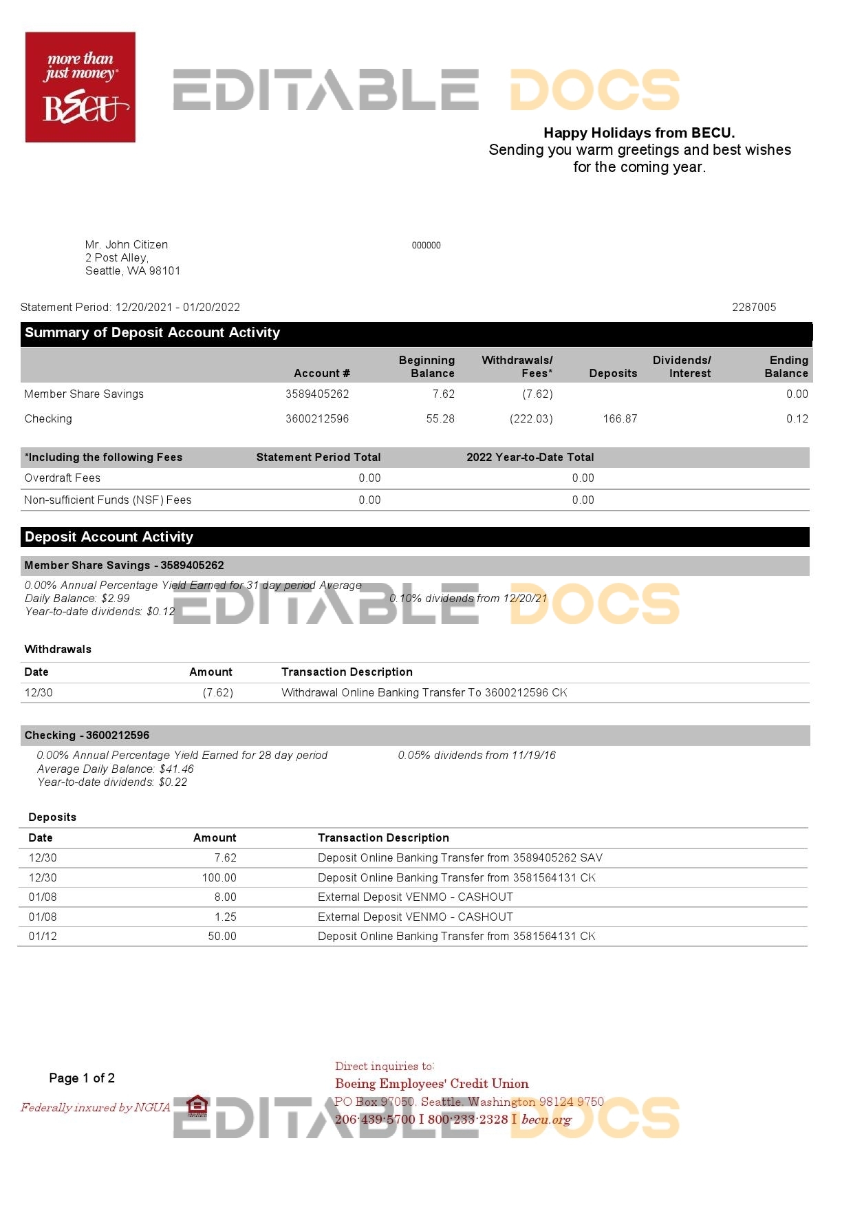 Australia BECU bank statement Word and PDF template, 2 pages