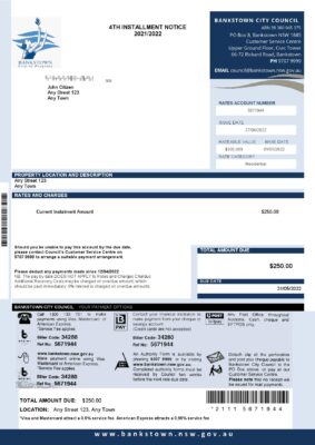 Australia NSW Bankstown City Council utility bill Word and PDF template