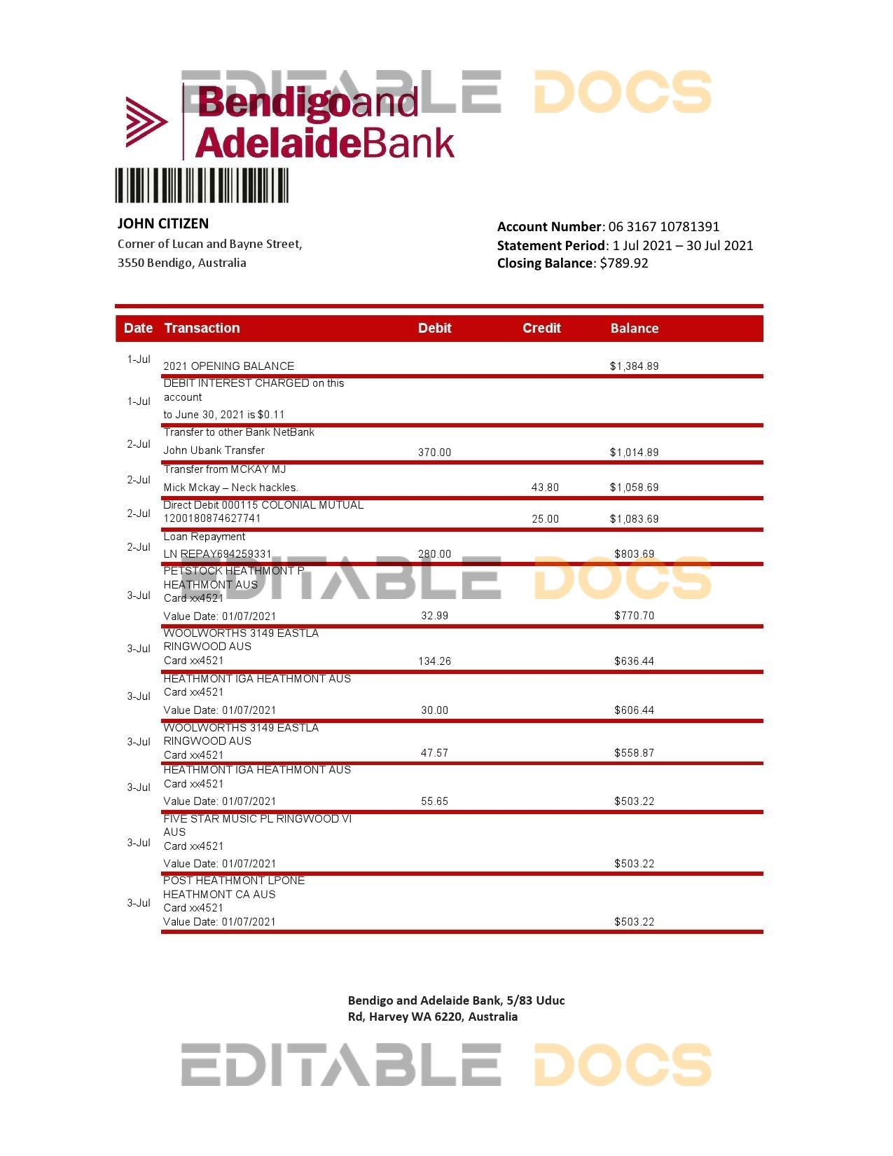Australia Bendigo and Adelaide Bank bank statement template in Excel and PDF format