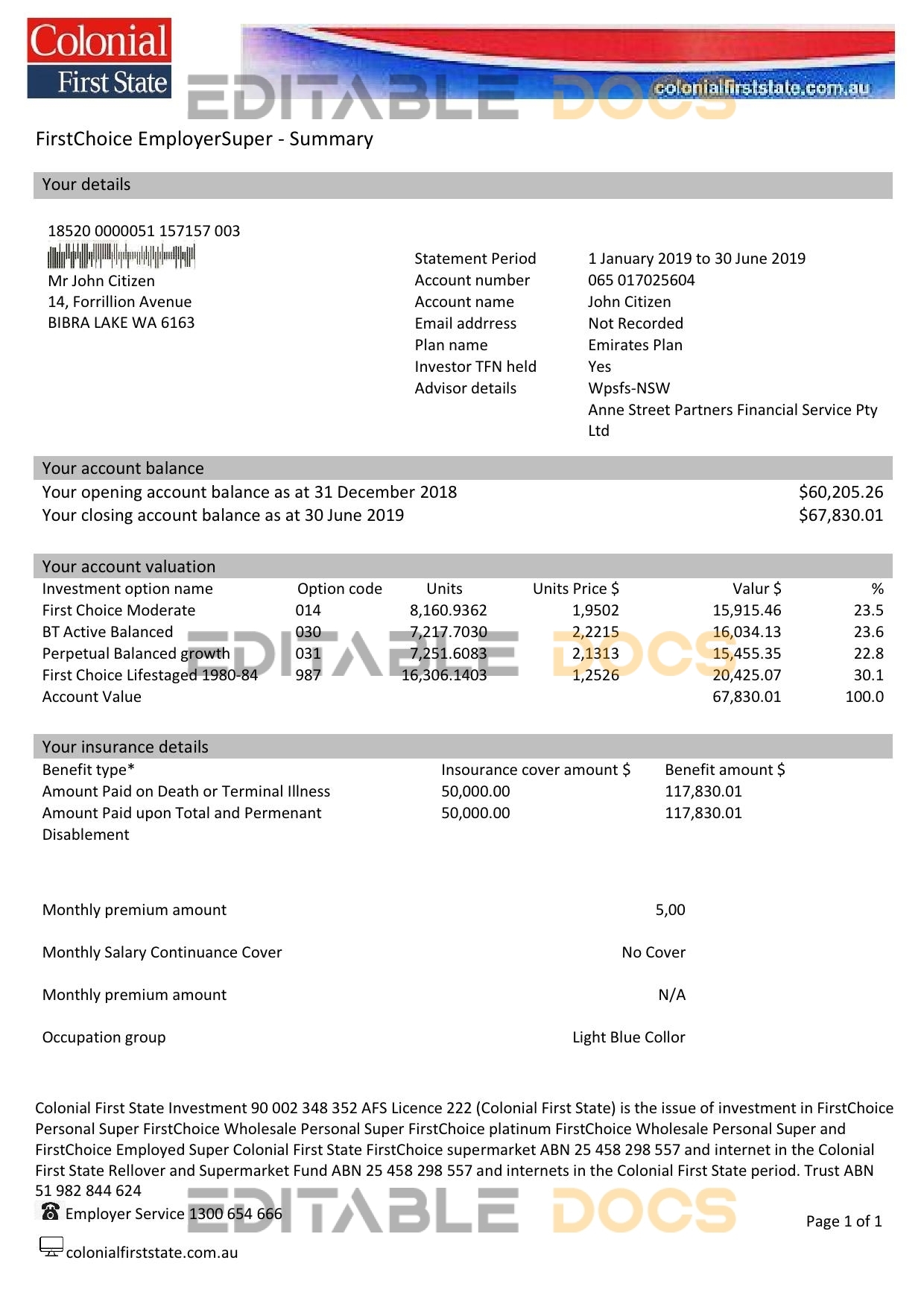 Australia Colonial First State bank statement template, Word and PDF format (.doc and .pdf)