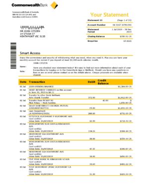 Australia Commonwealth bank statement template in Word and PDF format, good for address prove