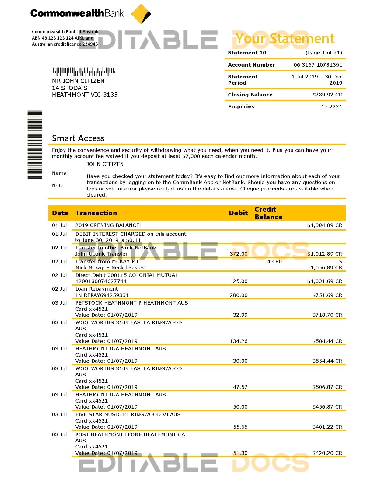 Australia Commonwealth bank statement template in Word and PDF format, good for address prove