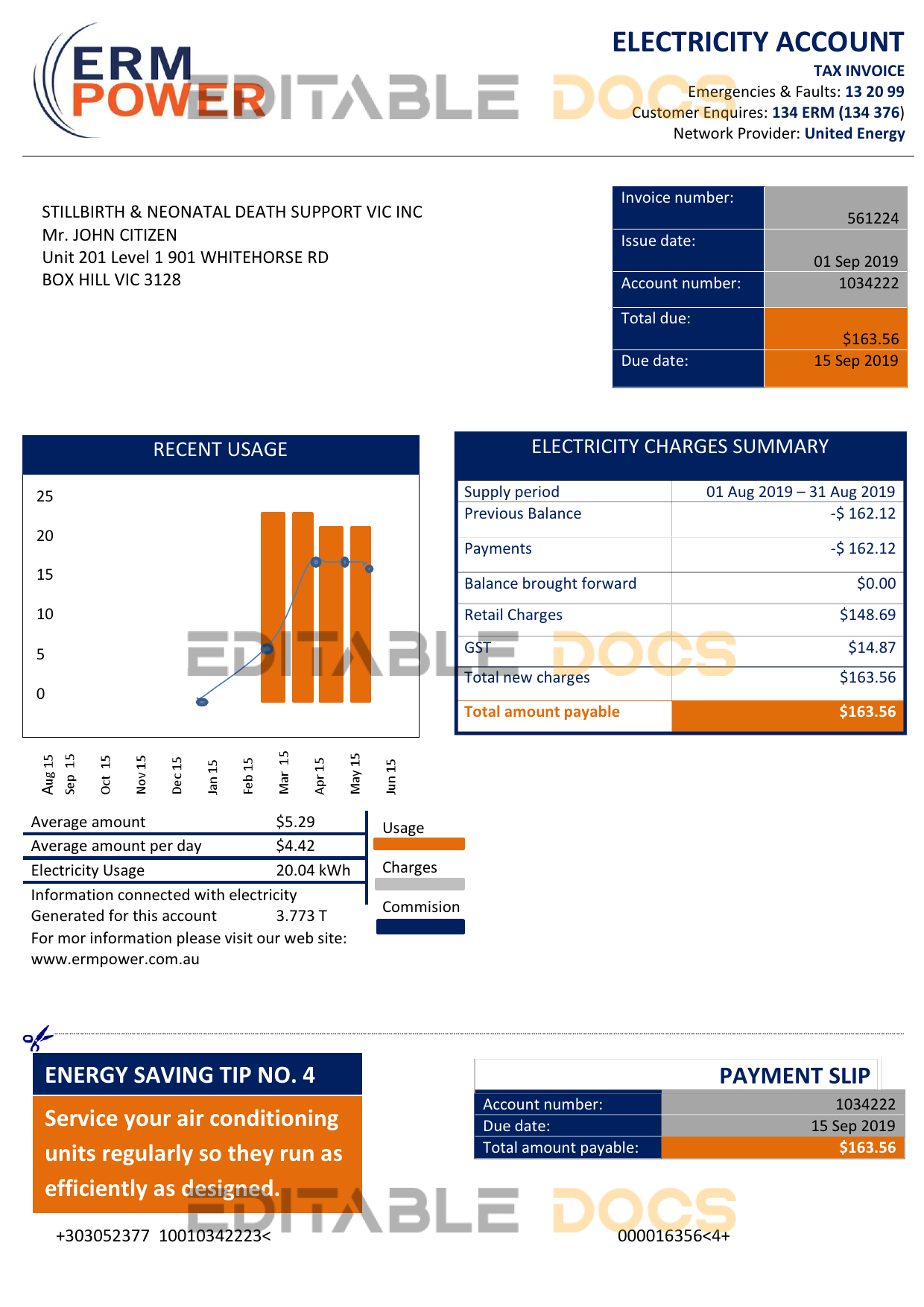 Australia ERM Power electricity proof of address utility bill template in Word and PDF format