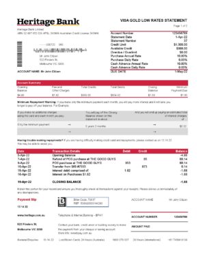 Australia Heritage bank statement easy to fill template in Excel and PDF format 2 pages 1