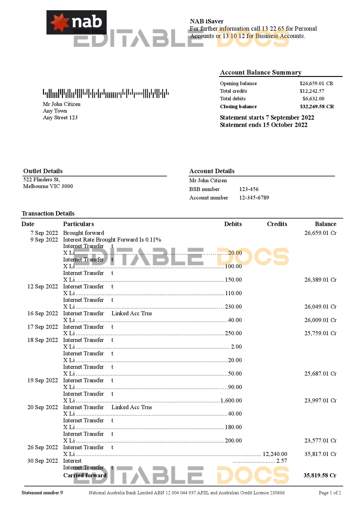 Australia NAB bank statement, Word and PDF template, 2 pages