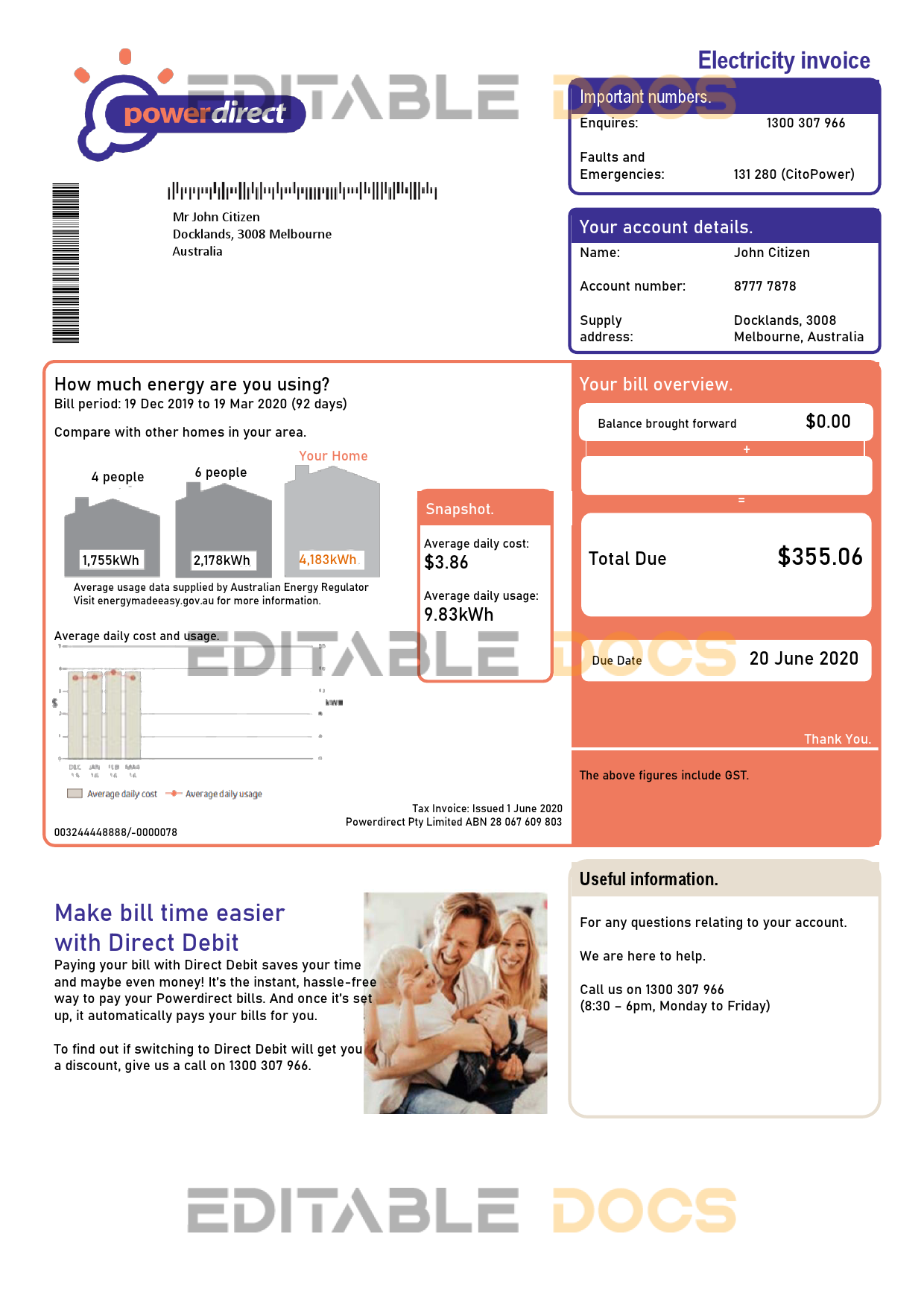 Australia Powerdirect electricity utility bill template in Word and PDF format