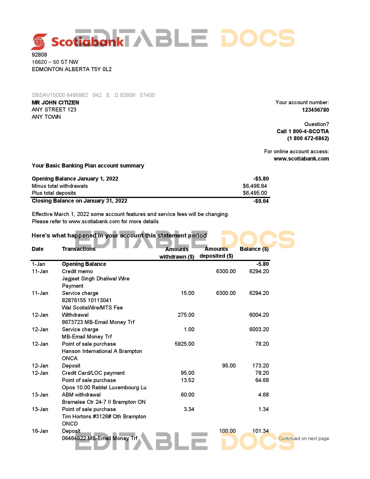 Australia Scotiabank bank statement, Excel and PDF template, 2 pages