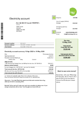 Australia Tru electricity utility bill template, fully editable in PSD format