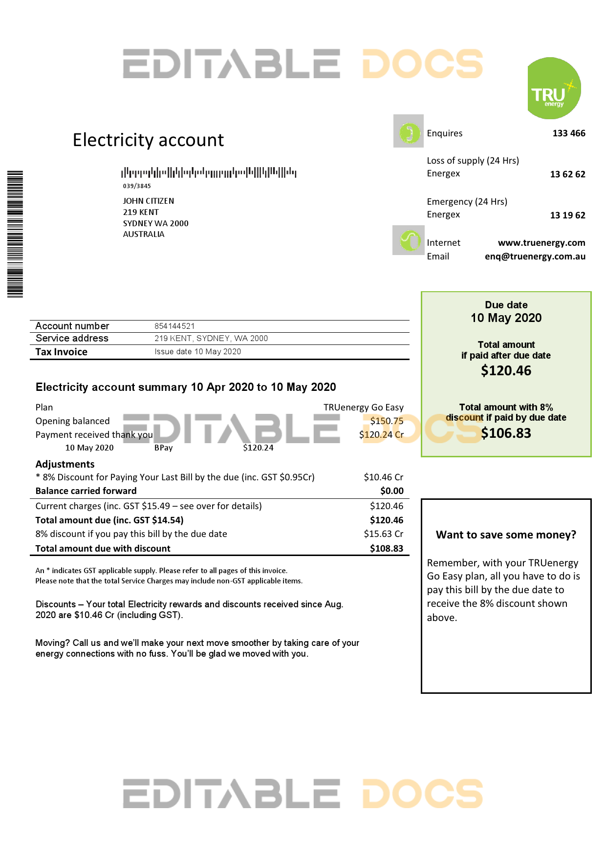 Australia Tru electricity utility bill template, fully editable in PSD format