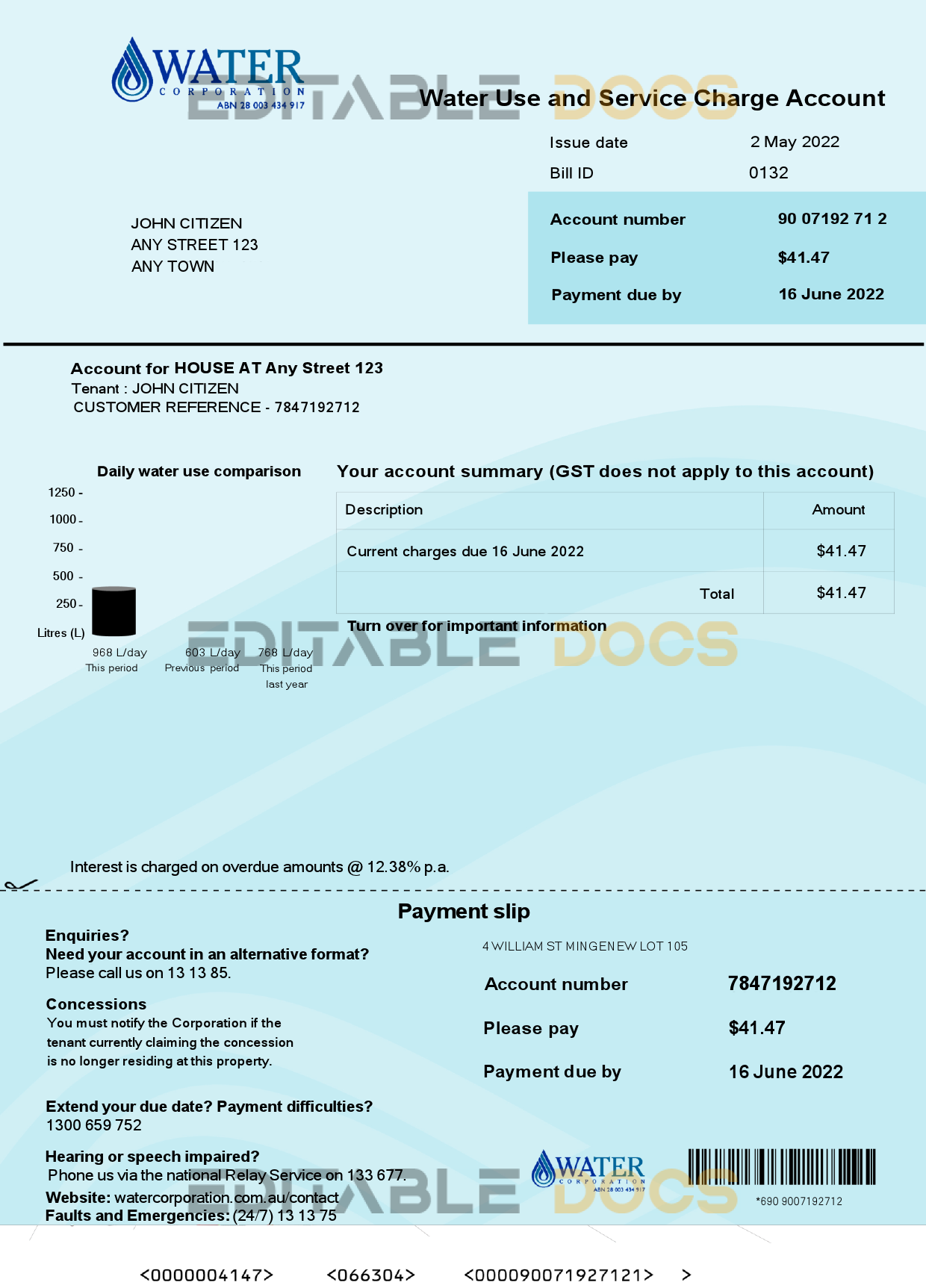 Australia Water Corporation WA utility bill .doc and .pdf template
