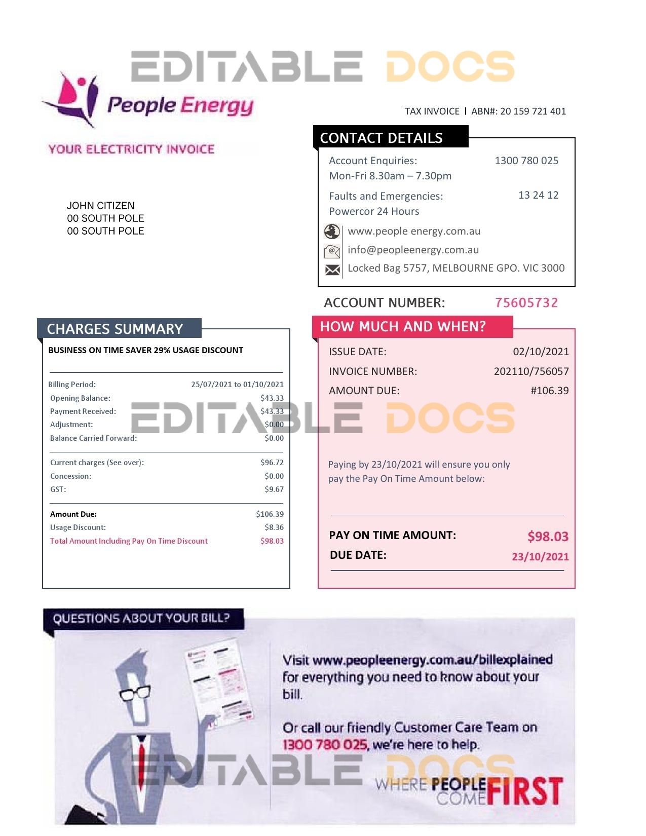 Australia People Energy electricity utility bill template in Word and PDF format