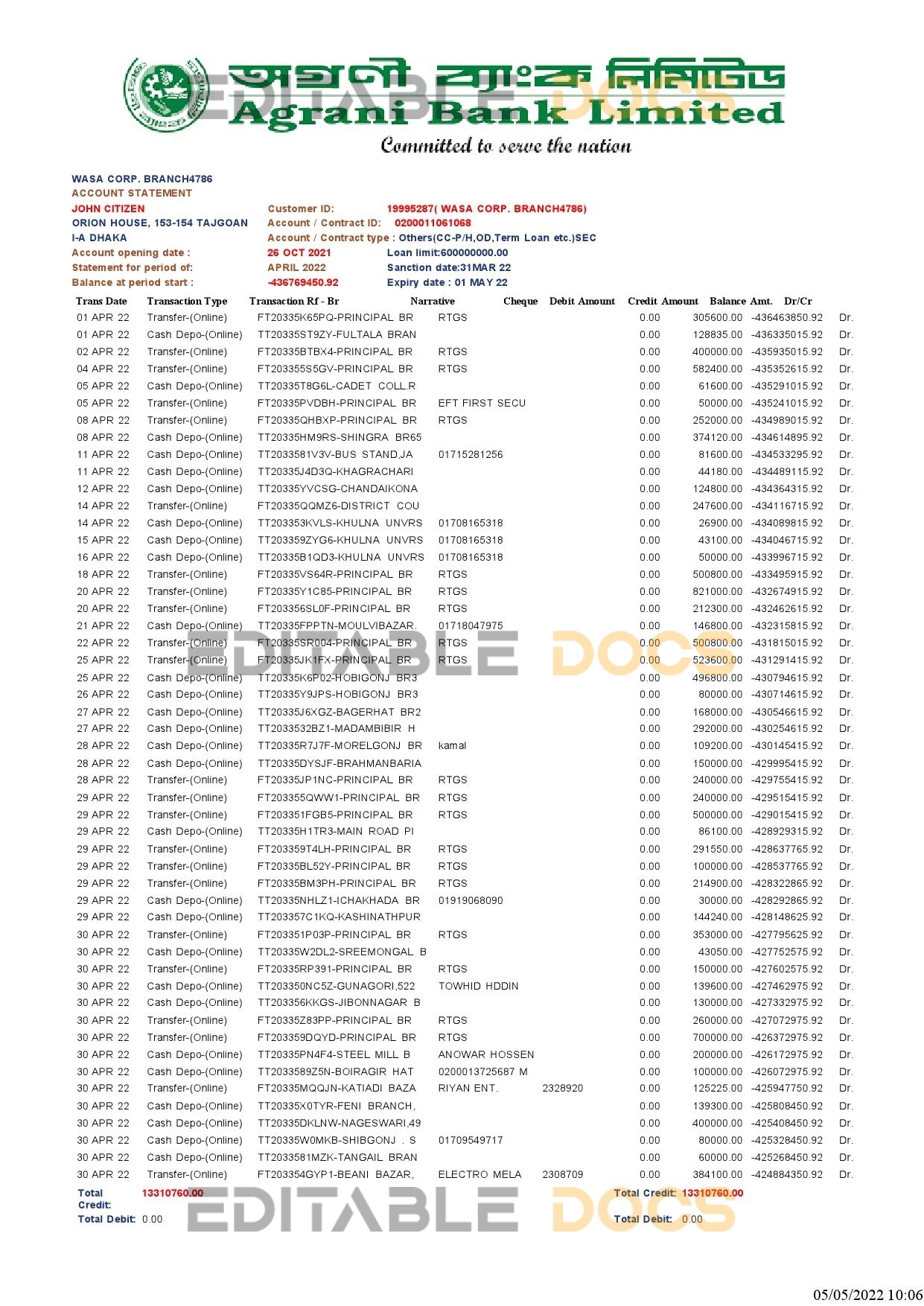 Bangladesh Agrani Bank statement, Word and PDF template