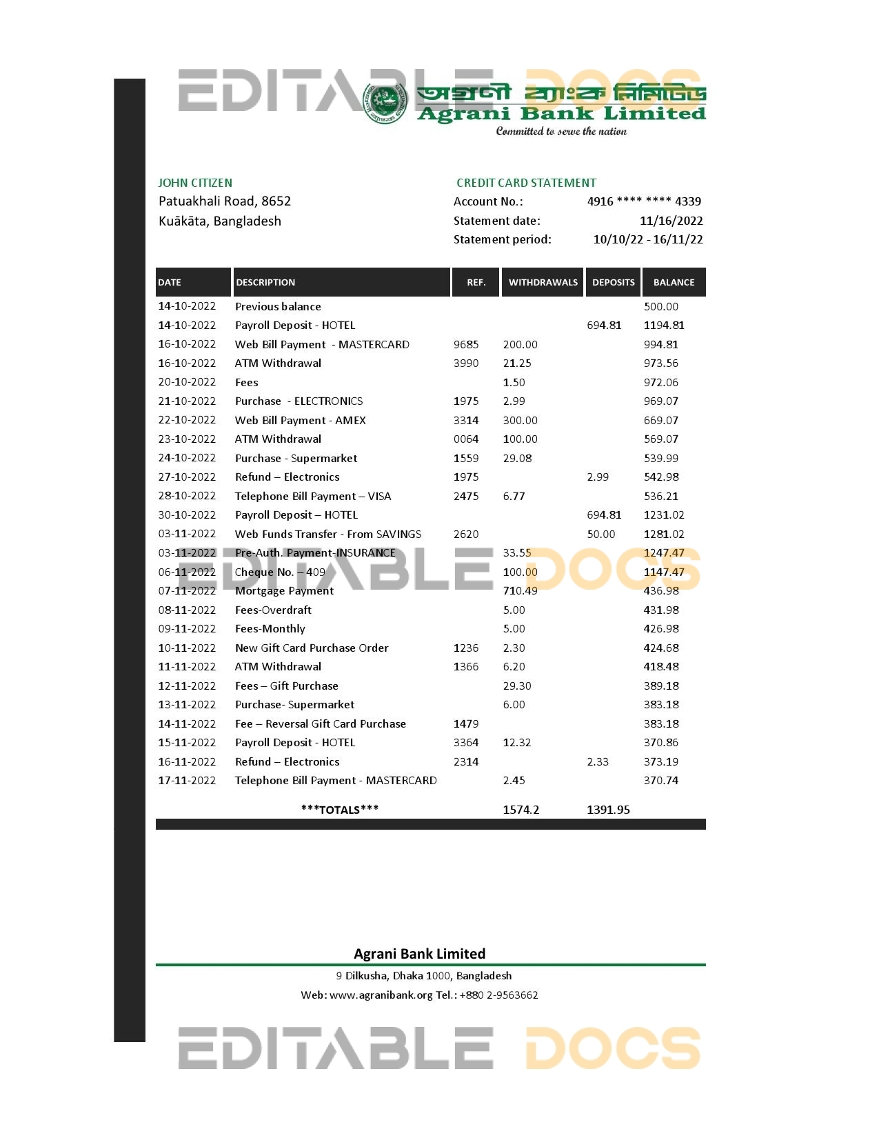 Bangladesh Agrani Bank statement template in Excel and PDF format