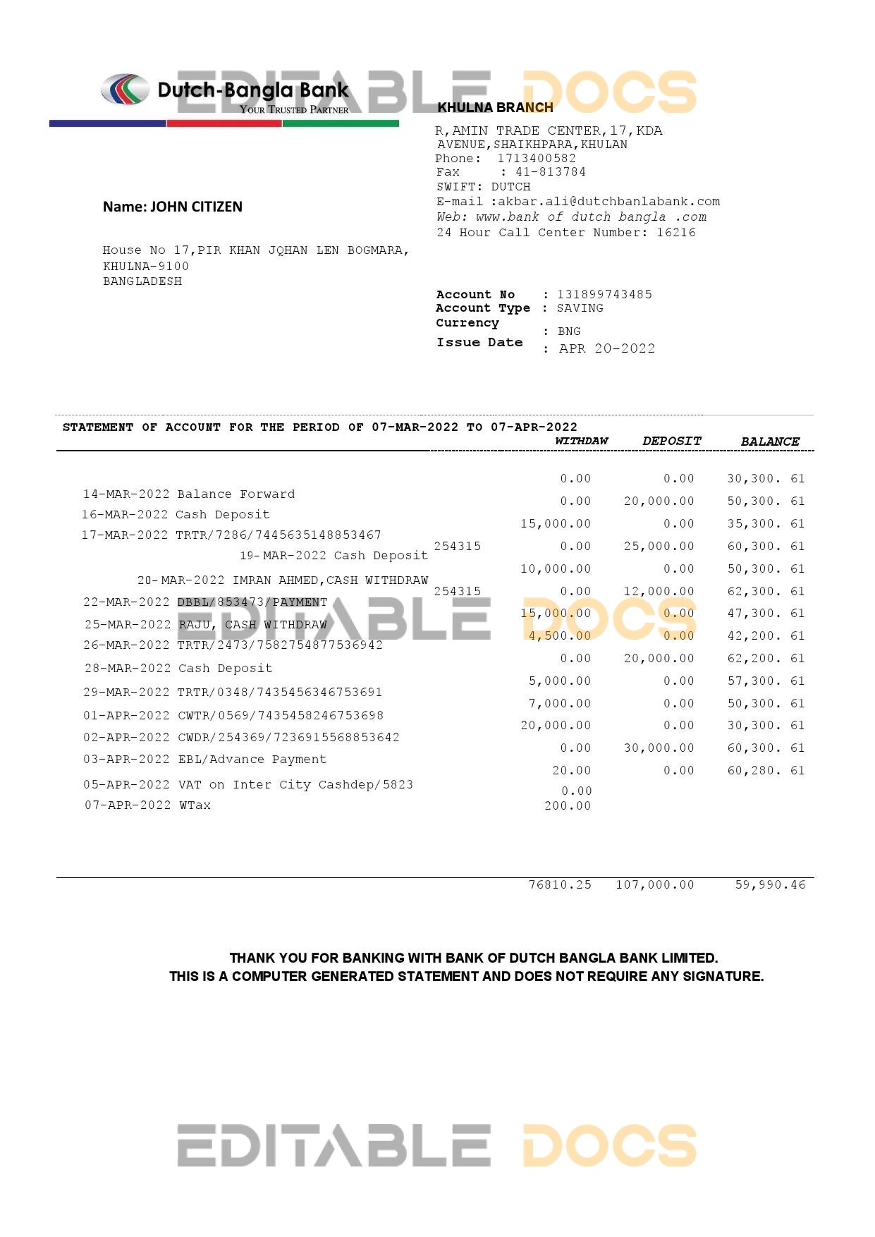 Bangladesh Dutch-Bangla bank statement Word and PDF template