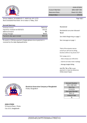 Bangladesh Editable Template 2 Bangladesh Electricity Generation Company of Bangladesh utility bill template in Word and PDF format