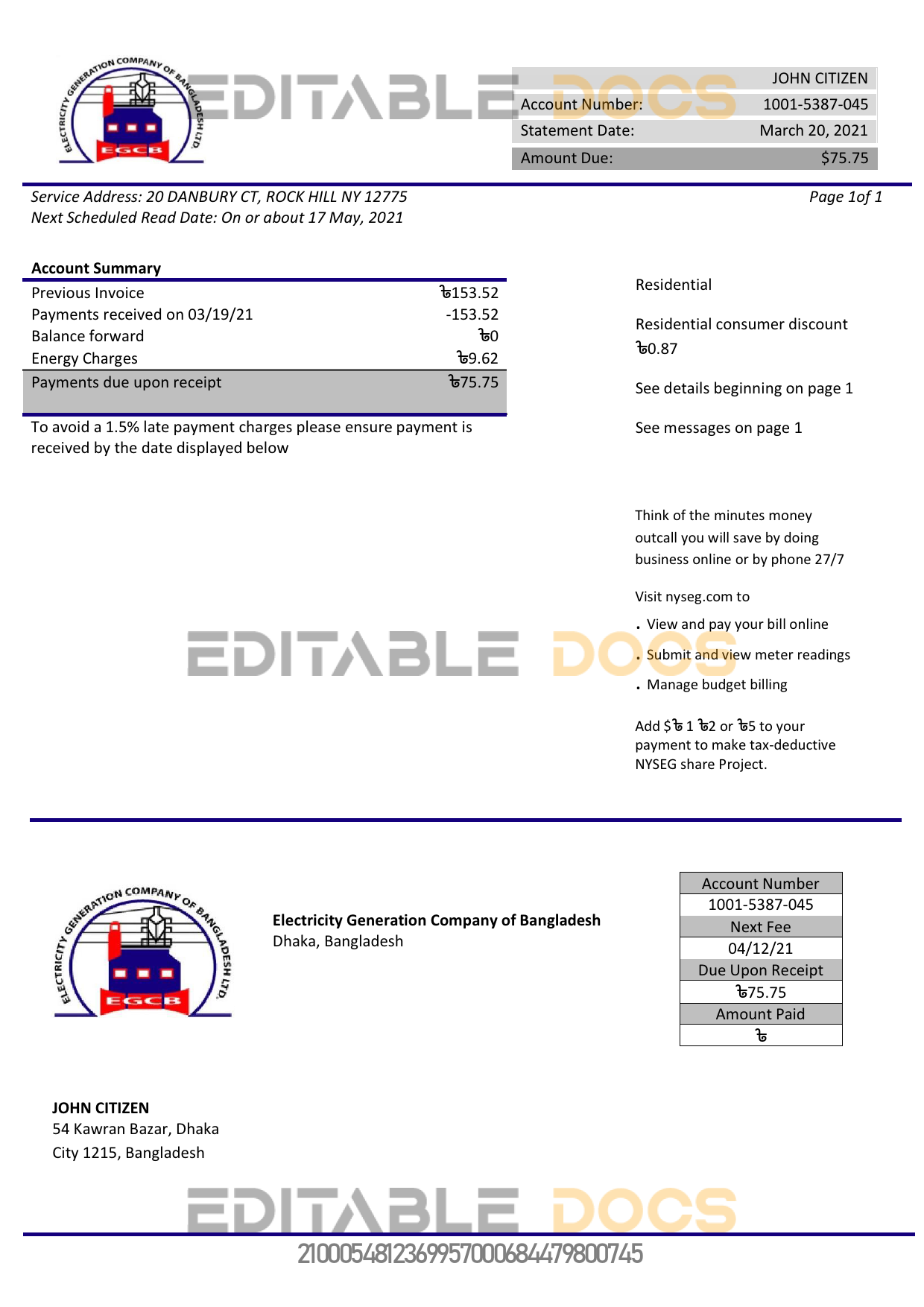 Bangladesh Electricity Generation Company of Bangladesh utility bill template in Word and PDF format