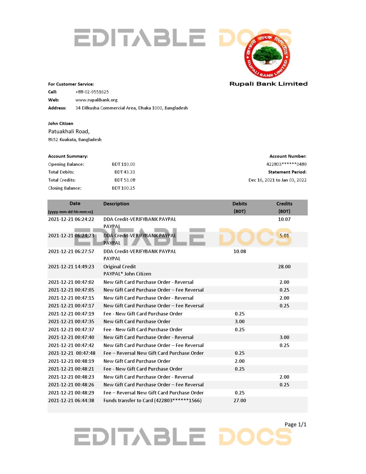 Bangladesh Rupalii bank statement template in Excel and PDF format