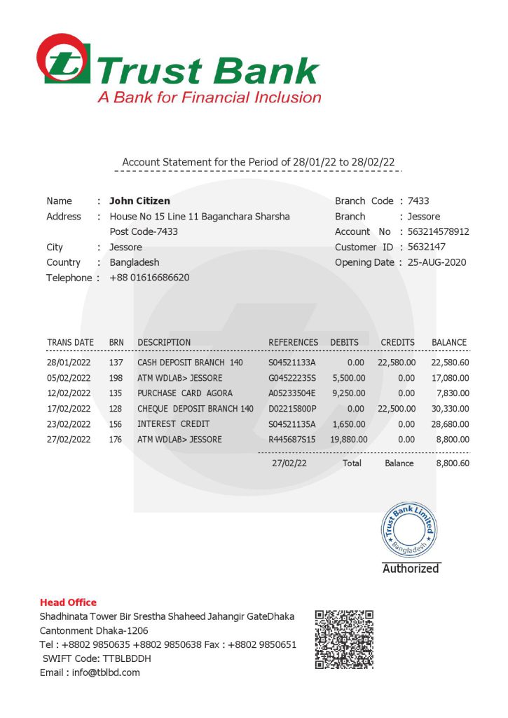 Bangladesh Trust bank statement Word and PDF template