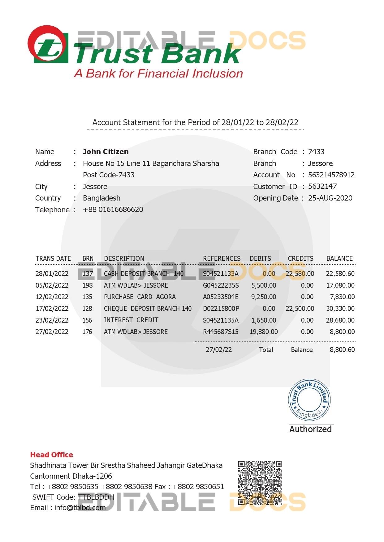 Bangladesh Trust bank statement Word and PDF template