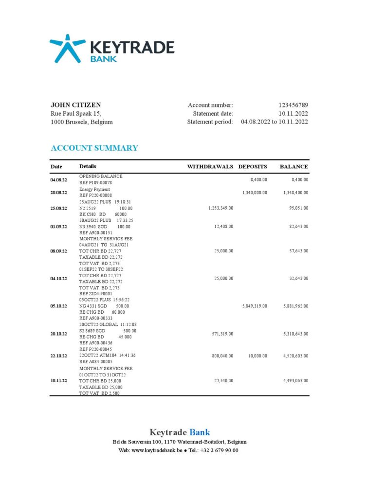 Belgium Keytrade bank statement template in Excel and PDF format