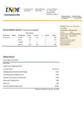 Bolivia ENDE Corporacion electricity utility bill template in Word and PDF format