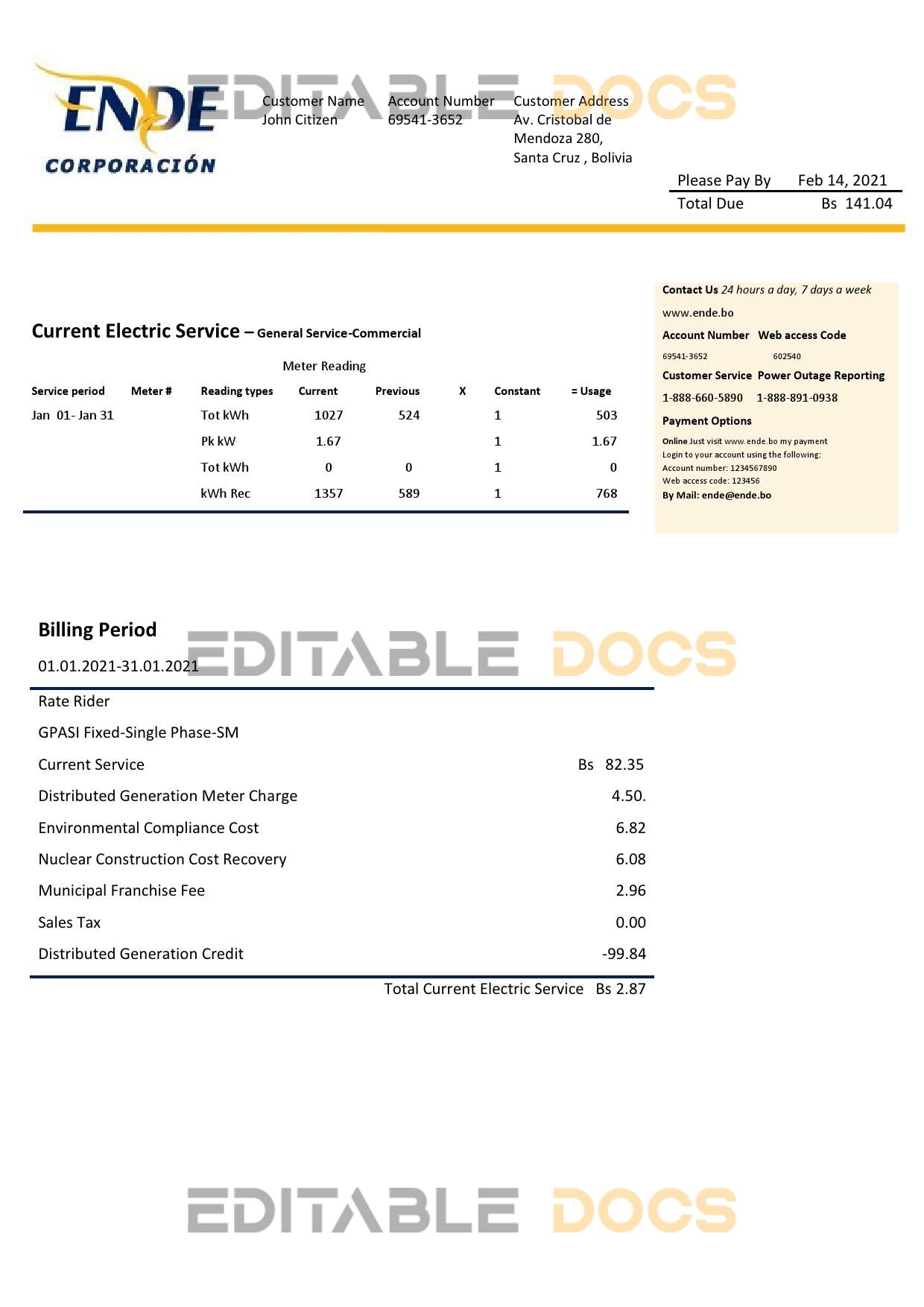Bolivia ENDE Corporacion electricity utility bill template in Word and PDF format