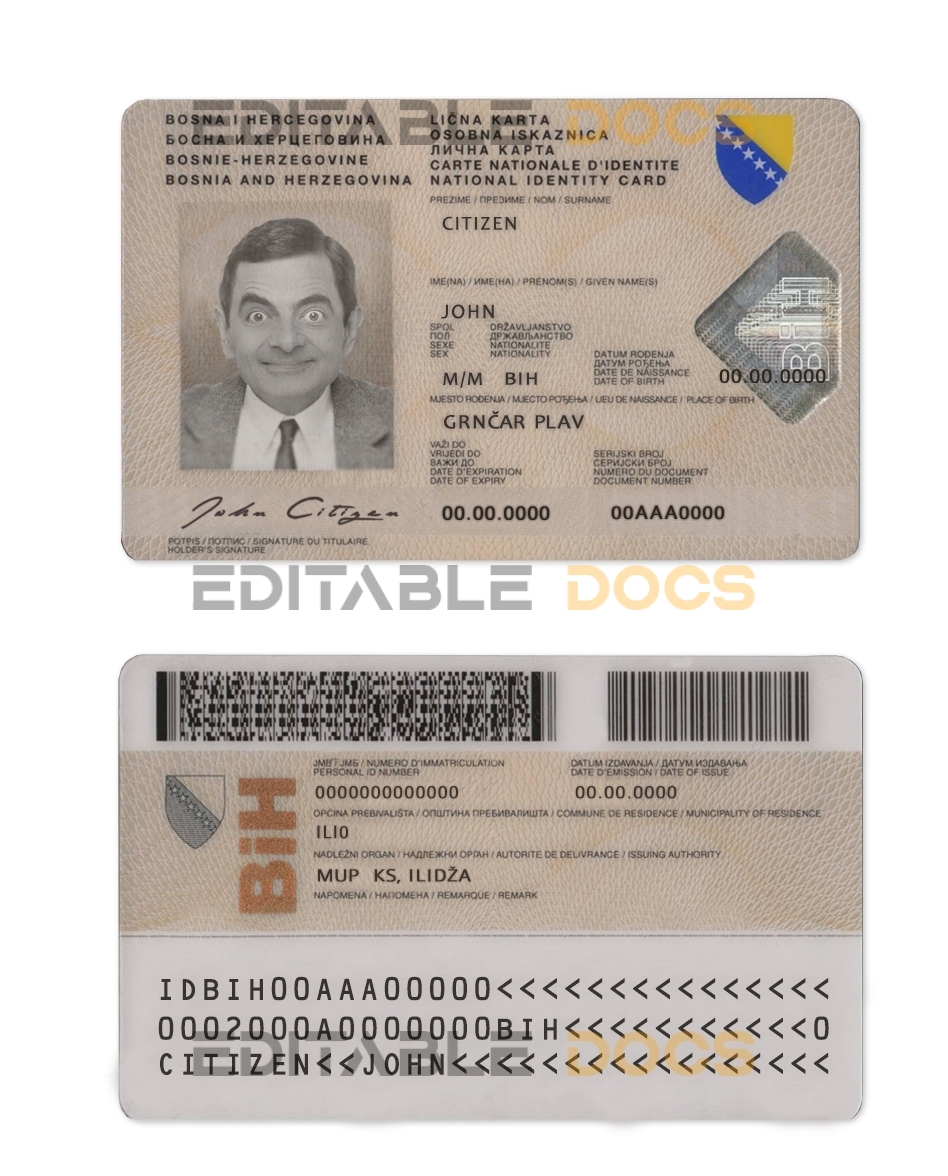 Bosnia and Herzegovina ID template in PSD format, fully editable, with all fonts