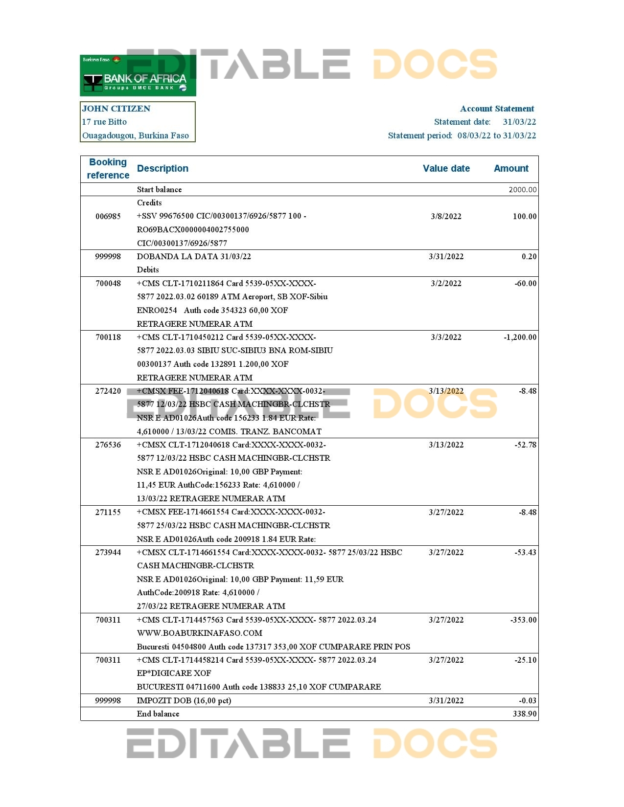 Burkina Faso Bank of Africa bank statement Excel and PDF template, fully editable (AutoSum)