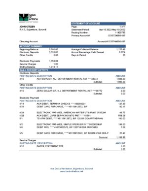Burundi Bank of Africa bank statement Excel and PDF template (AutoSum)