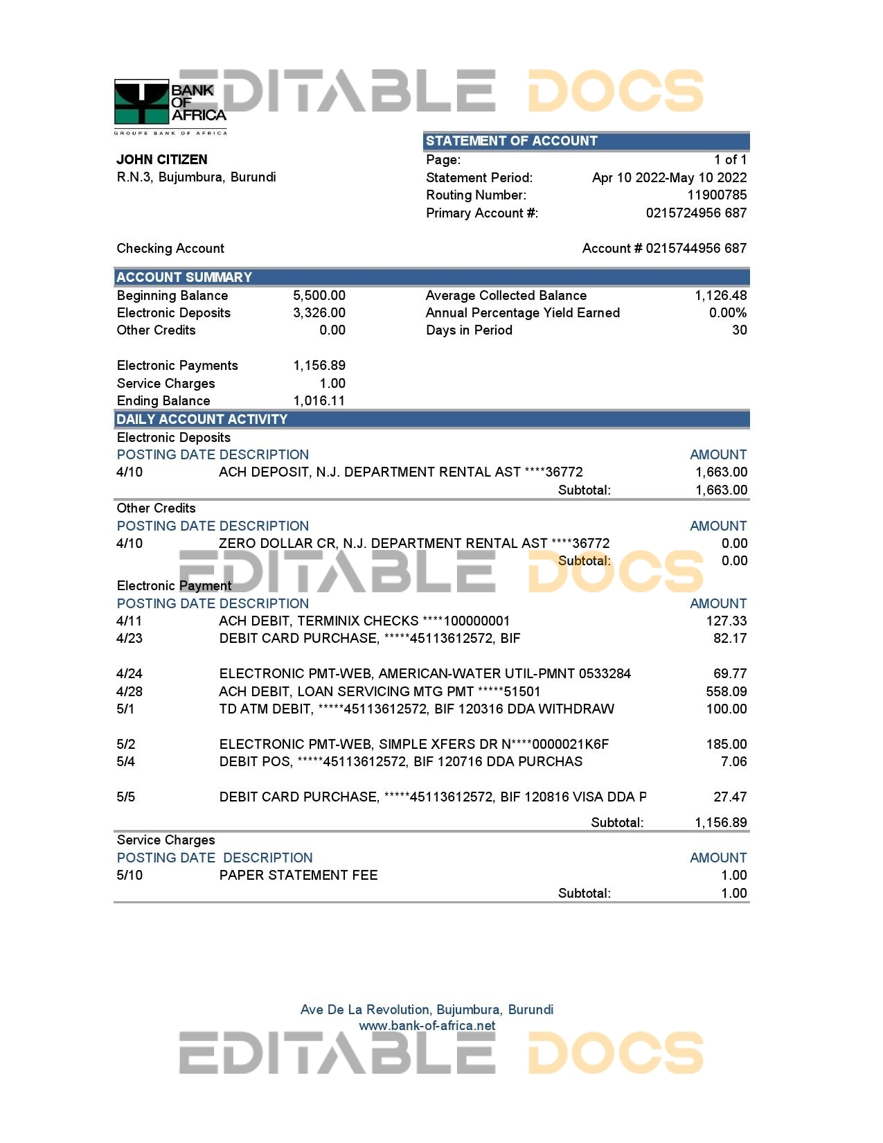 Burundi Bank of Africa bank statement Excel and PDF template (AutoSum)