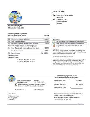 Cambodia Solar Green Energy Cambodia Co utility bill template in Word and PDF format