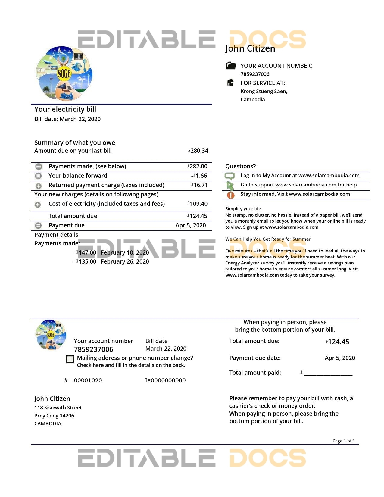 Cambodia Solar Green Energy Cambodia Co utility bill template in Word and PDF format