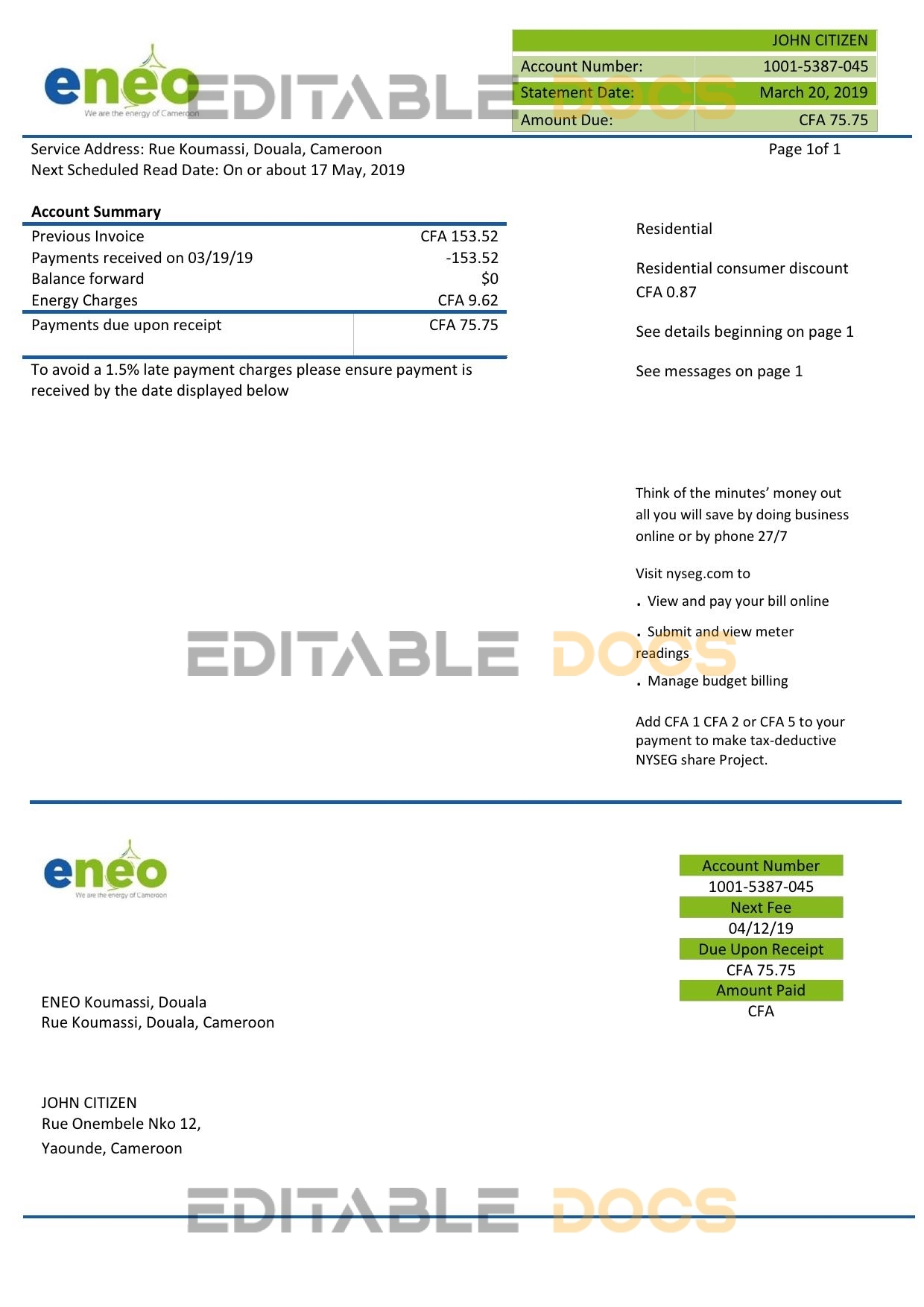 Cameroon ENEO electricity utility bill template in Word and PDF format