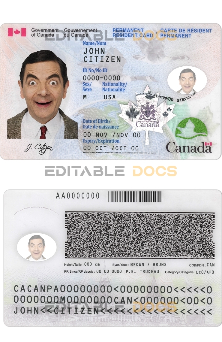 Canada Permanent residence card template in PSD format, fully editable