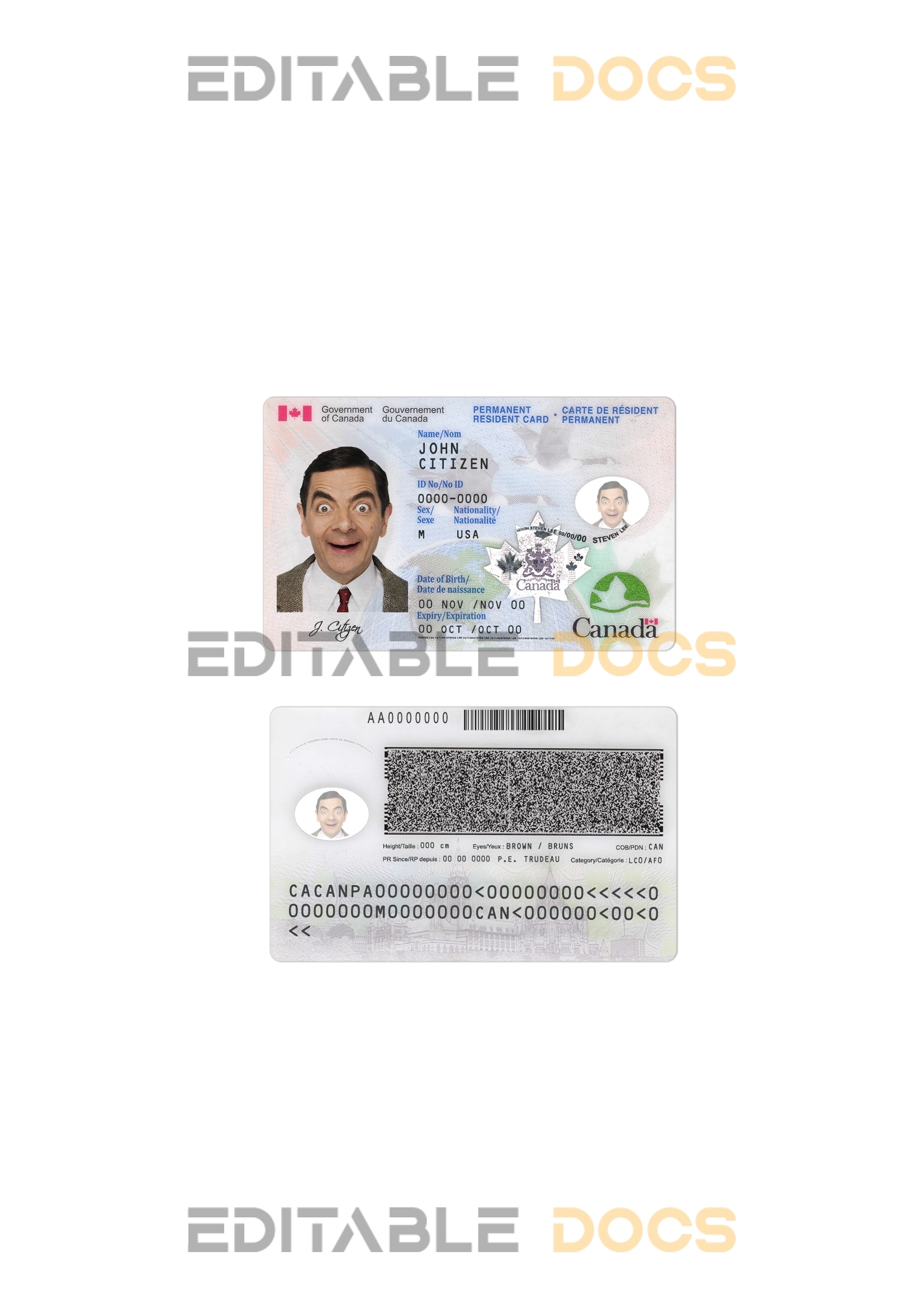 Canada Permanent residence card template in PSD format, fully editable (+ editable PSD photo look)