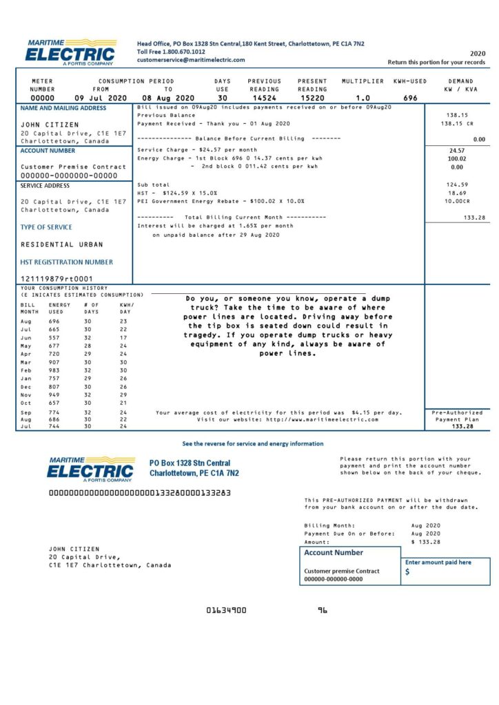Canada Maritime Electric utility bill template in Word and PDF format