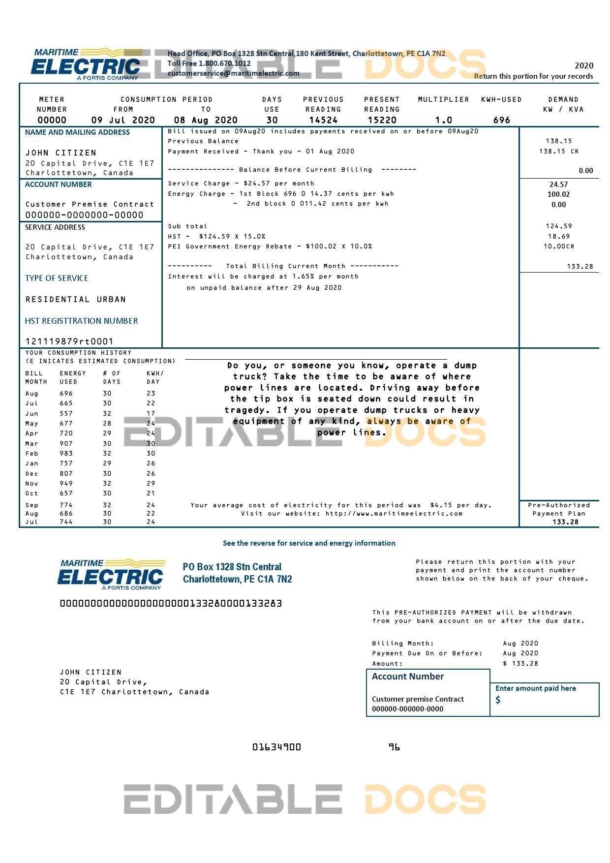 Canada Maritime Electric utility bill template in Word and PDF format