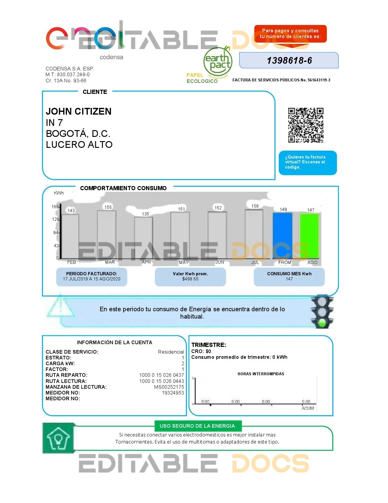 Colombia ENEL energy utility bill template in Word and PDF format