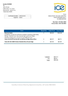 Costa Rica Costa Rican Institute of Electricity utility bill template in Word and PDF format